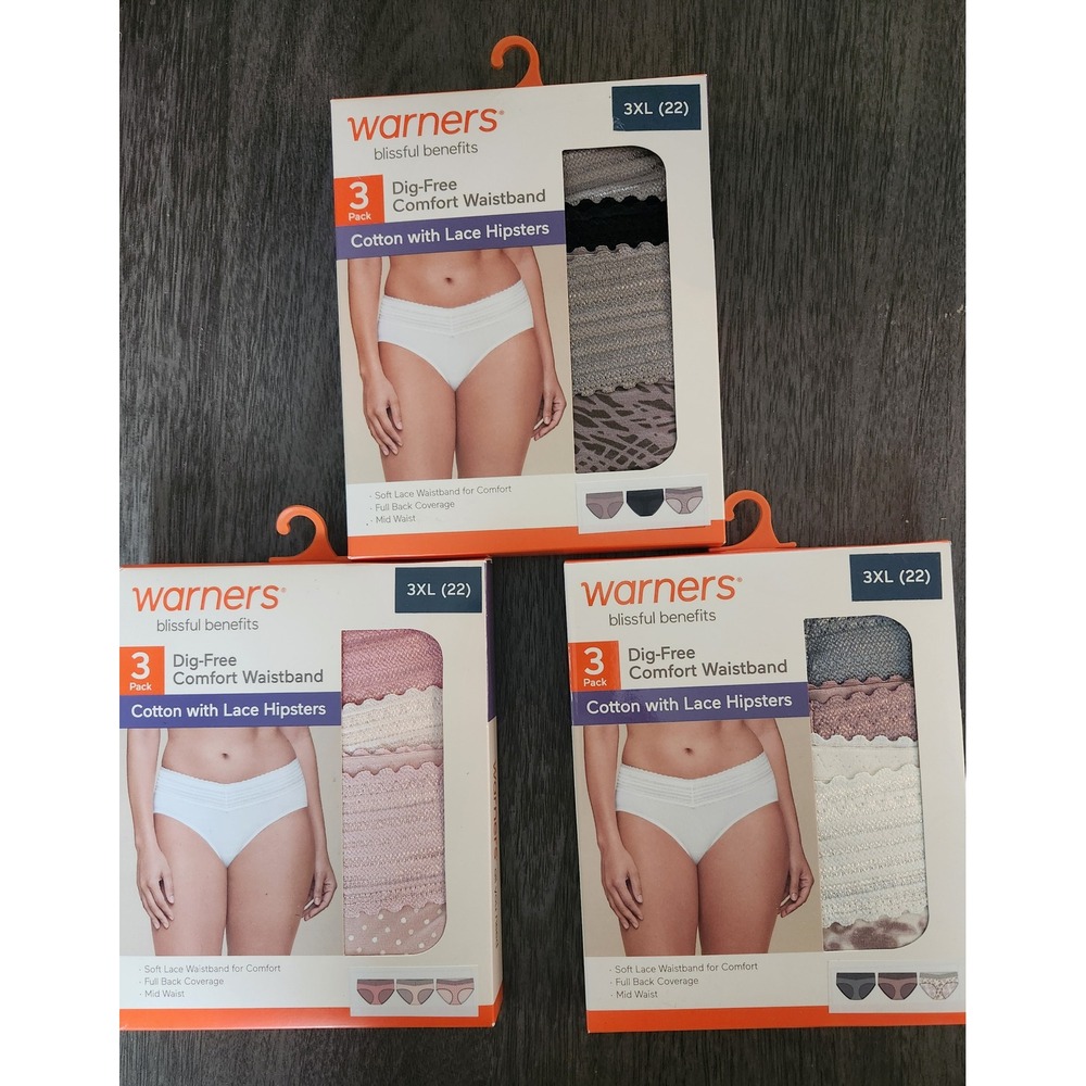 Warners Blissful Benefits Cotton Lace Hipsters 3-Pack Lot of 3 Size 3XL 22